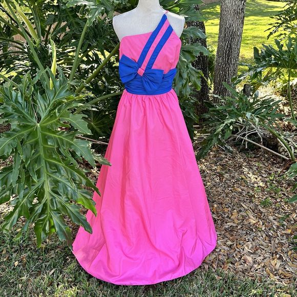 MIKE BENET One Shoulder Bow Dress Ball Gown Prom PINK Blue Formal Vintage 16 - Picture 1 of 8